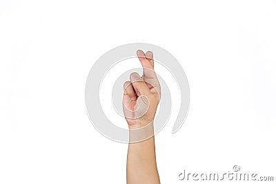Asian Thai male hand cross finger for goodluck on the clear white background Stock Photo