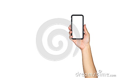 Asian Thai male isolated hand hold Smart mobile phone and raise up in vertical direction with empty copy space on white background Stock Photo