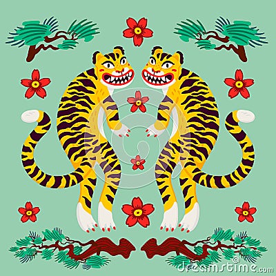 Asian Tiger symmetrical composition, vector tigers, and japanese pine branches and flowers in cartoon asian style Vector Illustration