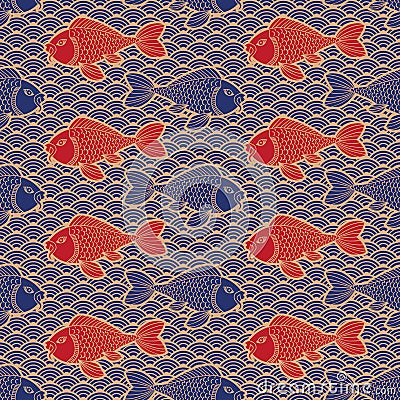 Asian traditional ornament. Catfish and waves. Dark blue and gold colors. Seamless pattern. Nautical oriental background. Vector Illustration