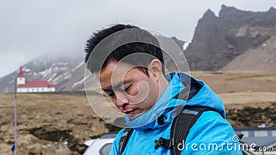 Asian traveler man advanture Iceland, dream trip Stock Photo