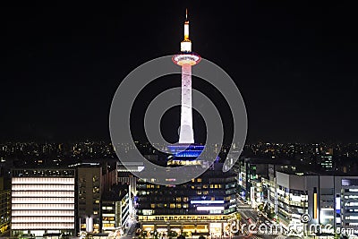Asian Traveling. Night Shot of Kyoto Television City Tower in Japan Editorial Stock Photo