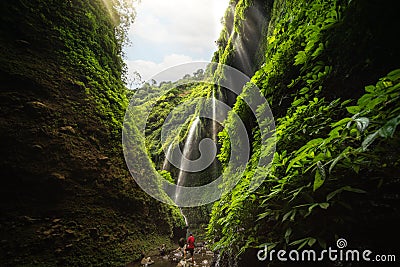 Asian traveller Man in Madakaripura Waterfall Stock Photo
