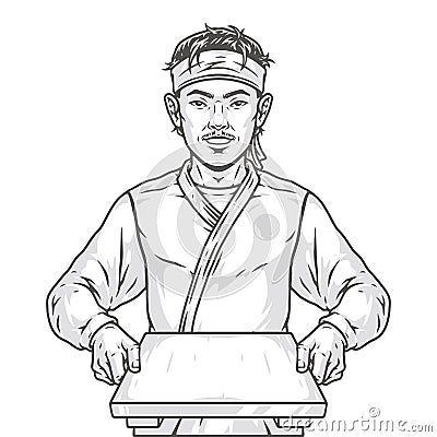 Asian waiter man label monochrome Vector Illustration