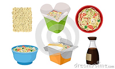 Asian Wok Udon Noodles in Paper Box and in Ceramic Bowl with Sliced Vegetable Ingredients Side View Vector Set Vector Illustration