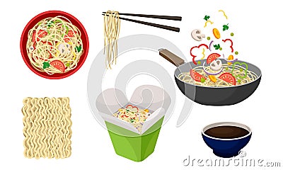 Asian Wok Udon Noodles in Paper Box and in Frying Pan with Sliced Vegetable Ingredients Floating Above Side View Vector Vector Illustration