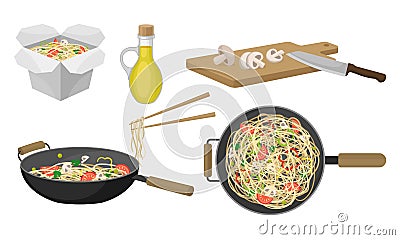 Asian Wok Udon Noodles in Paper Box and in Frying Pan with Sliced Vegetable Ingredients Side View Vector Set Vector Illustration