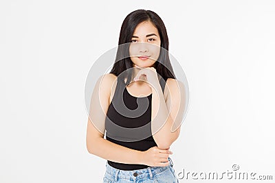 Asian woman beauty spa and skin care concept. Japanese girl in template blank summer shirt isolated on white background. Copy Stock Photo