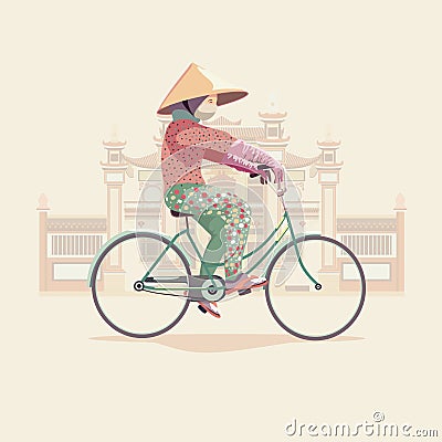 Asian woman on a bicycle near pagoda. Colored illustration Vector Illustration