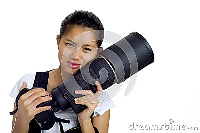 Asian woman with cam and tele Stock Photo