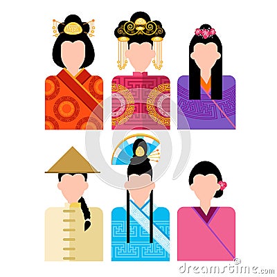 Asian Woman, Chinese Female Profile Icon Set Social Network Vector Illustration