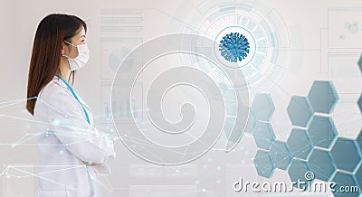 Asian woman doctor looking at a coronavirus hologram in an abstract scientific background Stock Photo