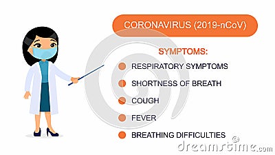 Asian woman doctor shows a list of coronavirus symptoms. Cartoon Illustration