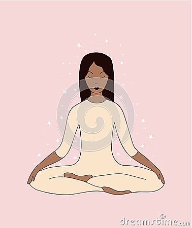 Asian woman doing yoga in meditating lotus pose. Vector illustration. Vector Illustration