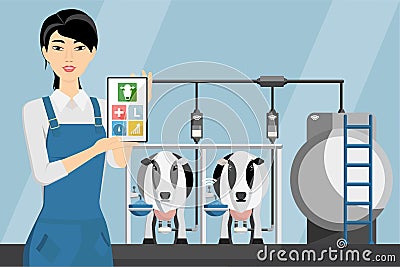 Asian woman farmer with tablet on a dairy farm. Vector Illustration