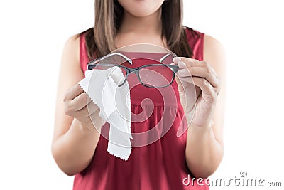 Asian woman hand cleaning glasses lens Stock Photo