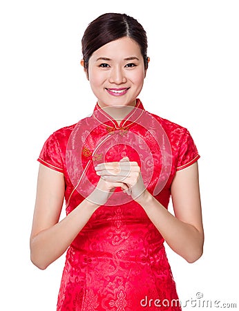 Asian woman with hand congratulation gesture Stock Photo