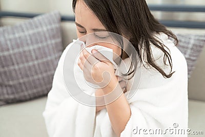 Asian woman has runny and common cold. Stock Photo