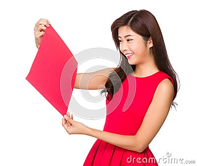 Asian Woman hold with blank Fai chun Stock Photo