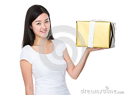 Asian woman hold with large present box Stock Photo