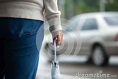Asian woman holding umbrella while waiting taxi and standing on city sidewalk street in the rainy day Stock Photo