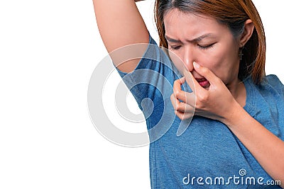 Asian woman with hyperhidrosis sweating under armpit, feel bad with body, odor smell problem, isolate on white background, with Stock Photo