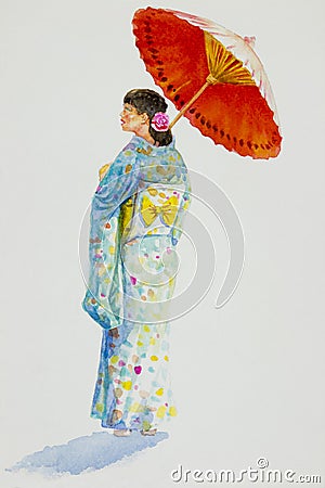 Asian woman in Kyoto Japan Cartoon Illustration