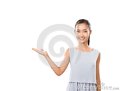 Asian woman with open palm presenting abstract product isolated Stock Photo