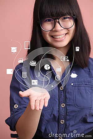 Asian woman palm up information Stock Photo