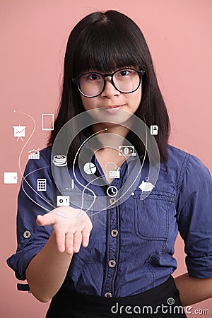 Asian woman palm up information Stock Photo