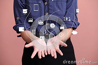 Asian woman palm up information Stock Photo