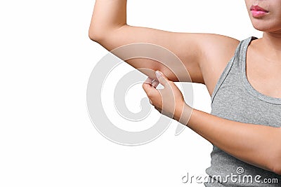 Asian woman pinching arm fat flabby skin isoloate on white background, with clipping path Stock Photo