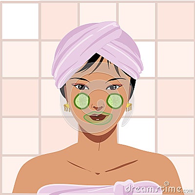 Asian woman in pink bathroom with beauty mask, illustration Cartoon Illustration