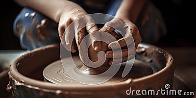 Asian woman potter forming a vase or bowl on a potters wheel Cartoon Illustration