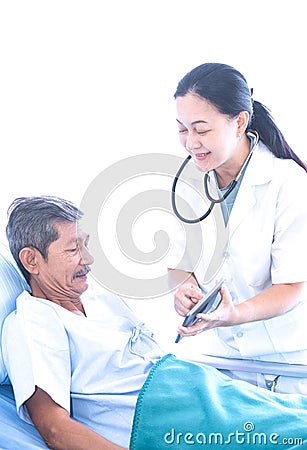 Asian woman professional doctor with notepad smiling, visiting, talking, and diagnosing the old man patient Stock Photo