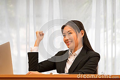 Asian woman realize and smile Stock Photo