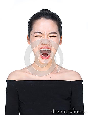 Asian woman screaming loudly isolated on white Stock Photo