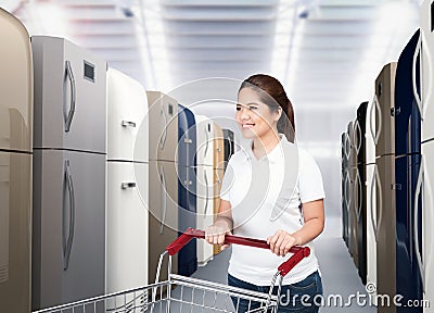 Asian woman shopping refrigerator Stock Photo