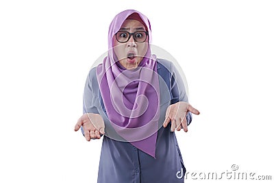 Asian Woman Shrugging Shoulder, Denial Gesture Stock Photo
