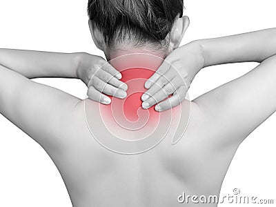 Asian woman suffering from neck pain. mono tone red highlight Stock Photo