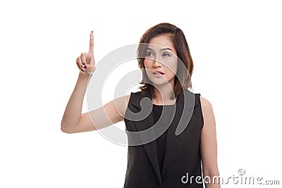 Asian woman touching the screen with finger. Stock Photo