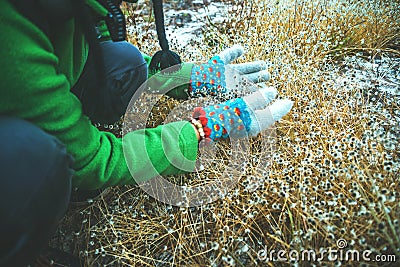 Asian woman travel Nature. Travel relax. Hand touch natural mountain meadow. Stock Photo