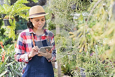 Asian woman is using a tablet to check the vegetation in the Ornamental plant shop, Small business concept Stock Photo