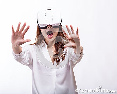 Asian woman in virtual reality headset