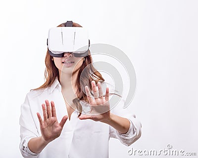 Asian woman in virtual reality headset Stock Photo