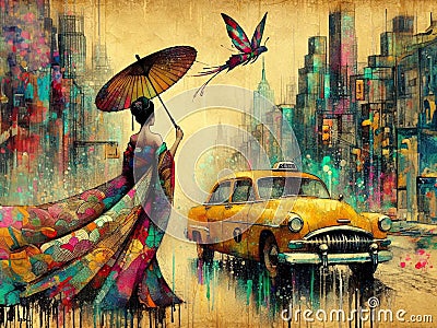 asian woman wear traditional dress walk rainy city skyline stop taxi cab year of the chinese dragon Stock Photo
