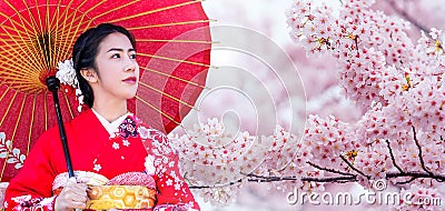 Asian woman wearing japanese traditional kimono and cherry blossom in spring, Japan Stock Photo