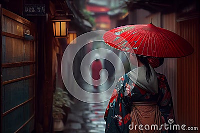 Asian woman wearing traditional japanese kimono walk in Kyoto, Japan. Woman walking to sight seeing in Japan. Cartoon Illustration