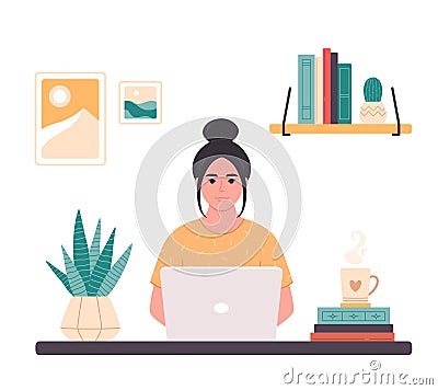 Asian woman working with computer. Home office, freelance, remote working, programming, customer service, online career Cartoon Illustration