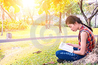 Asian women sitting reading under tree at public park relax and intend To study knowledge in the holiday On vacation Stock Photo